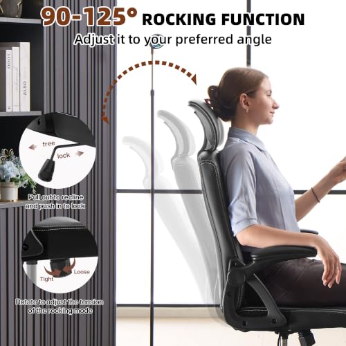 Leather Office Chair,Executive Ergonomic Desk Chair for Home Office, Black - color: Black