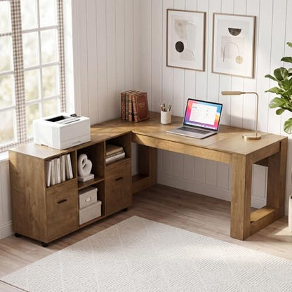 Tribesigns 63-Inch Computer Desk with Rolling File Cabinet, Wood Executive L Shaped Desk, Farmhouse 2 Piece Home Office Set with Drawers for Hanging File and Storage Shelves for Work, Sturdy, Gaming