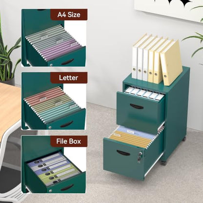 Metal 2 Drawer File Cabinet with Lock & Wheels for Office, Green | Small Mobile File Cabinets for Home Office, Under Desk Vertical Rolling File Cabinet Fit Hanging Files, Letter & A4 Documents - color: Green, style: 2 Drawers Mobile File Cabinet