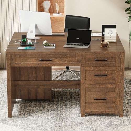 Farmhouse 47" Computer Desk, Executive Desk with File Drawer, Red-Brown. - color: Red-brown