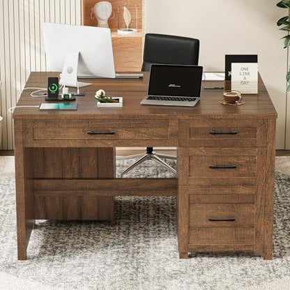 Farmhouse 47" Computer Desk, Executive Desk with File Drawer, Red-Brown. - color: Red-brown