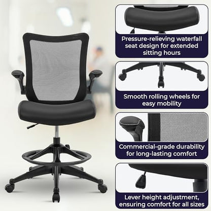 OfficeFactor Drafting Chair Tall Office Chair, 300 lb Capacity Standing Desk Chair, Adjustable & Ergonomic Desk Chair, Flip-Up Armrests, Mesh Back, Comfortable Leather (Black) - color: Black Drafting Chair