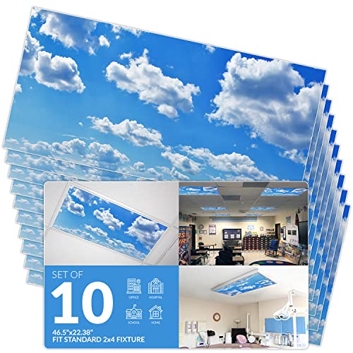 OCTO LIGHTS Cloud Fluorescent Light Covers 2x4 Backlit Film Insert 10 Pack | ASTM E84 & UL723 Fire Safety Certified | Reduces Glare & Eye Strain | Easy Drop-In Install | Classroom Decor | Sky Panel - color: Cumulus Mediocris, size: 10pk