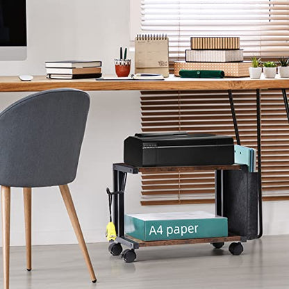 Printer Stand with Storage Bag Under Desk Printer Table on Wheels 2 Tier Small Desktop Rolling Stand Shelf for Fax Machine Scanner Files (Brown) - color: Brown