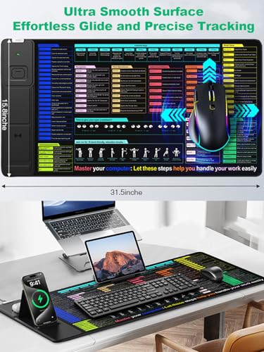 Mouse Pad with Foldable Phone Holder, Wireless Charging Desk Mat 31.5x15.75 Mousepad with Superior Micro-Weave Cloth Non-Slip Waterproof Desk Pad - color: Black-Office Shortcuts-31.5"x15.8"