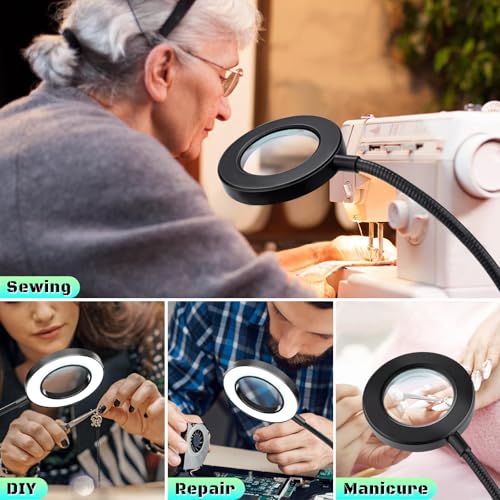10X Magnifying Glass with Light and Stand,Hands Free Clip on Magnifier Lamp - color: Black