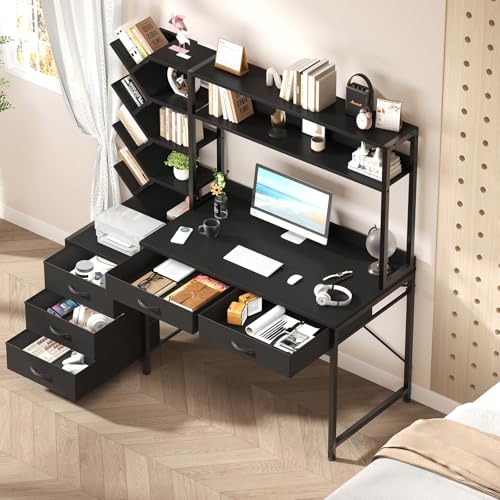 YOMILUVE 52" Computer Desk with Bookshelf, 5 Drawers ＆ Hutch for Bedroom | Black Office Desk with Printer Shelf, Study Writing Desk with Storage Shelves - color: Black