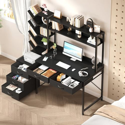 YOMILUVE 52" Computer Desk with Bookshelf, 5 Drawers ＆ Hutch for Bedroom | Black Office Desk with Printer Shelf, Study Writing Desk with Storage Shelves - color: Black