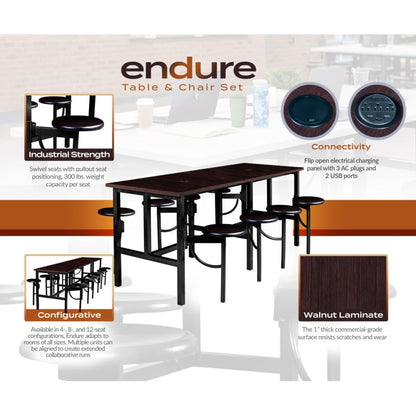 Romig Endure Standing Height Collaborative Table and Chair Set with 8 Pull-Out Swivel Stools, Walnut Top, Walnut Seats, Built-in Power Outlets and USB Charging, Classroom Training Table - color: Walnut/Walnut, size: 8 Seater
