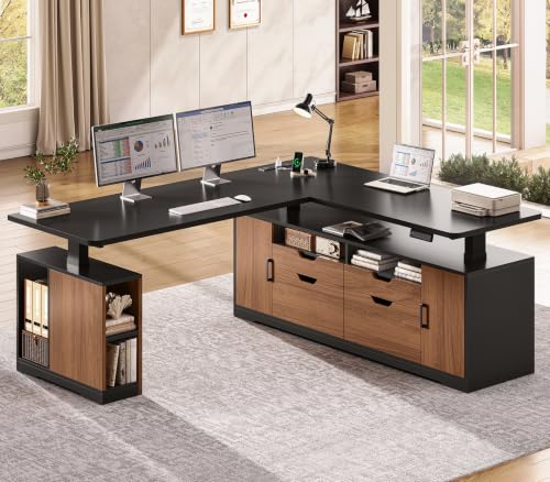 SEDETA Modern L Shaped Executive Electric Standing Desk with 4 Drawers | 69" x 55" Height Adjustable Office Desk with Storage Shelves, Power Outlet, Sit Stand Computer Desk, Black and Brown - color: Modern Black+ Brown