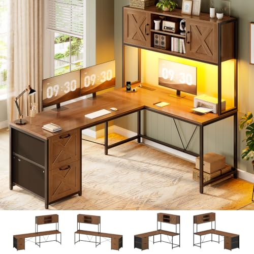SEDETA Reversible Farmhouse L Shaped Office Desk with Drawer, Hutch - color: Brown