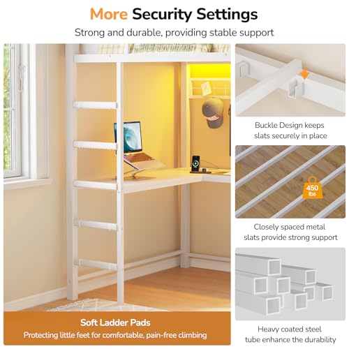 DICTAC Twin Loft Bed with L Shaped Desk,Storage Bookshelf & Drawers, White | Metal Loft Bed Features Charging Station, Smart RGB LED Lights and 6 Fabric Storage Drawers & Shelves, Safety Guardrail - color: White