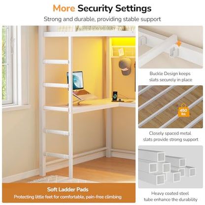 DICTAC Twin Loft Bed with L Shaped Desk,Storage Bookshelf & Drawers, White | Metal Loft Bed Features Charging Station, Smart RGB LED Lights and 6 Fabric Storage Drawers & Shelves, Safety Guardrail - color: White