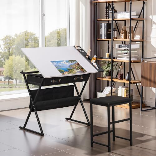 VECELO Drafting Table Art Desk Art Table Adjustable Drawing Table Tilted Tabletop with 2 Storage Drawers and Stool, Drawing Desk for Artist Painters Drawing, Crafting, Reading, Writing, White - color: White