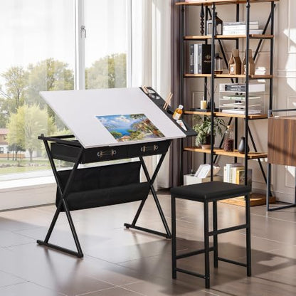 VECELO Drafting Table Art Desk Art Table Adjustable Drawing Table Tilted Tabletop with 2 Storage Drawers and Stool, Drawing Desk for Artist Painters Drawing, Crafting, Reading, Writing, White - color: White
