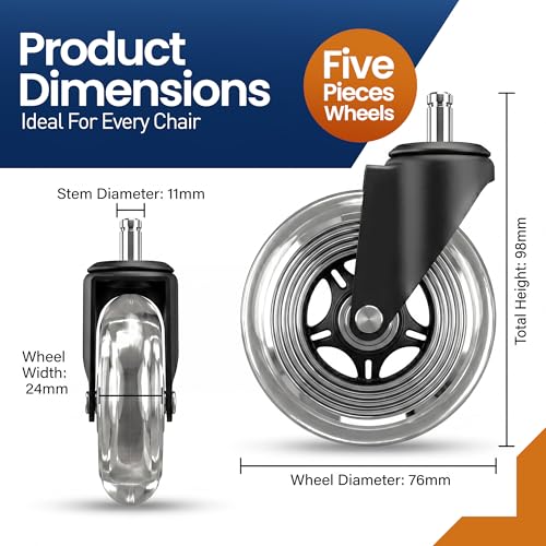 Office Chair Wheels Set of 5 – 3 Inch Roller Blade Wheels Office Chairs, Office Chair casters Desk & Gaming Chair – Quiet for Carpet, Hardwood & Wood Floors - Not for IKEA