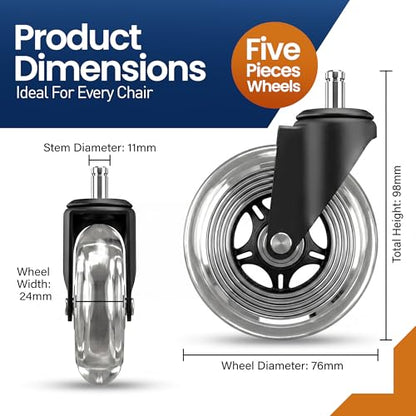 Office Chair Wheels Set of 5 – 3 Inch Roller Blade Wheels Office Chairs, Office Chair casters Desk & Gaming Chair – Quiet for Carpet, Hardwood & Wood Floors - Not for IKEA