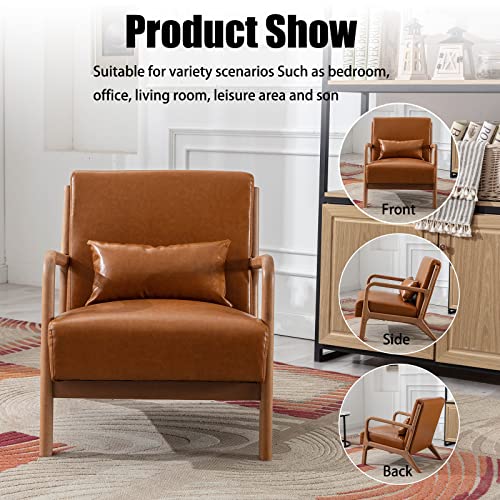 INZOY Mid Century Modern Accent Chair with Wood Frame, PU Leather Reading Armchair with Waist Cushion, Upholstered Living Room Chairs for Bedroom Sunroom (Camel) - color: A-camel