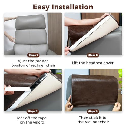 Recliner Headrest Protector Faux Leather Headrest Cover for Recliner Chair Couch Headrest Cover for Furniture Sofa Protector Chair Arm Covers for Home Office 17 x 27In(Chocolate Brown) | Hook & Loop, Chair Couch Cover, Furniture Sofa Protector, Chair Arm