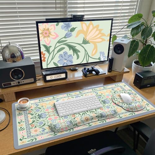 iCasso Desk Cover Mat, Gaming Mouse Pad Wrist Support Set,4in1 XXL Large Mousepad + Keyboard Wrist Rest+Mouse Wrist Rest+Coaster Set with Ergonomic Design for Home Office Table Computer(Green Flowers) - color: Green Flowers