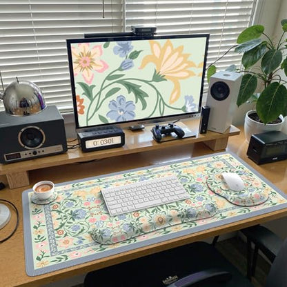 iCasso Desk Cover Mat, Gaming Mouse Pad Wrist Support Set,4in1 XXL Large Mousepad + Keyboard Wrist Rest+Mouse Wrist Rest+Coaster Set with Ergonomic Design for Home Office Table Computer(Green Flowers) - color: Green Flowers