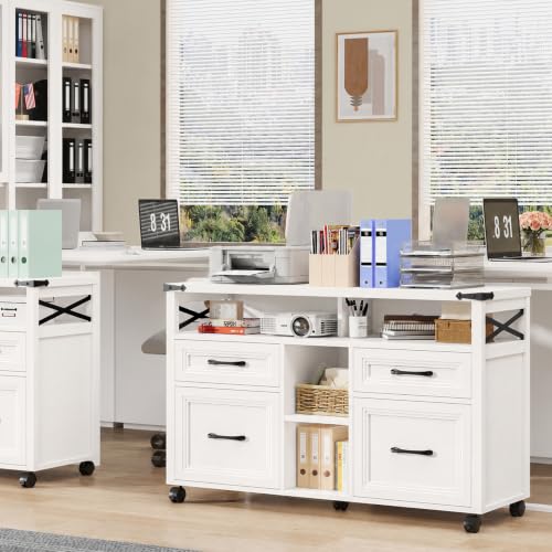 Halitaa Farmhouse Filing Cabinet with Adjustable Shelf & Wheels, White - color: Cream White, size: 4 Drawers&Wheels