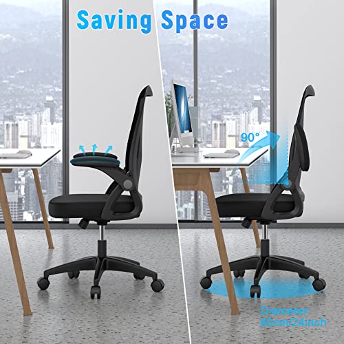 naspaluro Home Office Desk Chair Mid Back with Adjustable Height Dark Black | Comfy Ergonomic Chair with Flip-Up Arm and Lumbar Support, Breathable Mesh Swivel Computer Chair for Study Working Teacher - color: Dark Black