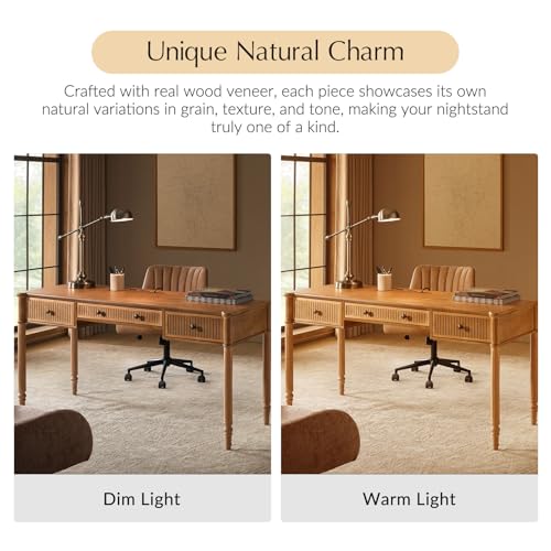 HULALA HOME 60 Inches Fluted Writing Desk with Charging Station, Teak - color: Teak
