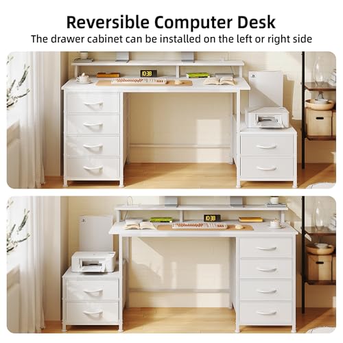 52 Inch Office Desk with 6 Drawers and Printer Space for Storage, Reversible Computer Desk with Monitor Stand & Power Outlets, Home Office Desks, White