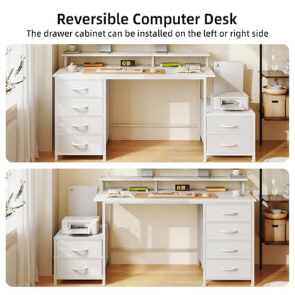52 Inch Office Desk with 6 Drawers and Printer Space for Storage, Reversible Computer Desk with Monitor Stand & Power Outlets, Home Office Desks, White