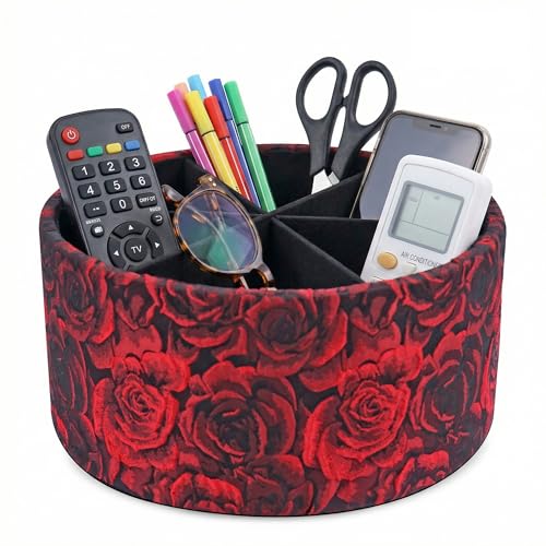Remote Control Holder, 360°Spinning PU Leather Desk TV Remote Caddy,Desk Storage Box Room Accessories for Controller, Media,Mail,Calculator, Mobile Phone,Pencil(1-B3D Red) - color: 1-Big 3D Rose Red