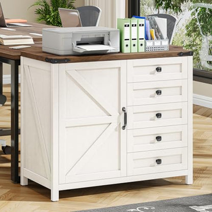 Vabches 5 Drawer Storage Cabinet, Rustic White Office Storage Cabinet | Office Storage Drawer with Door and Adjustable Shelf, Large Farmhouse Printer Stand for Home Office, Rustic White