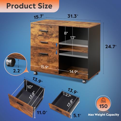 DEVAISE 3-Drawer Mobile File Cabinet, Lateral Filing Cabinet, Rustic Brown - color: Rustic Brown