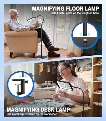 MoKo 10X Large Magnifying Glass with Light and Stand, Flexible Gooseneck Floor Magnifying Lamp with 5 Color Modes, 3-in-1 LED Lighted Desk Lamp Magnifiers for Reading, Close Work, Sewing, Crafts