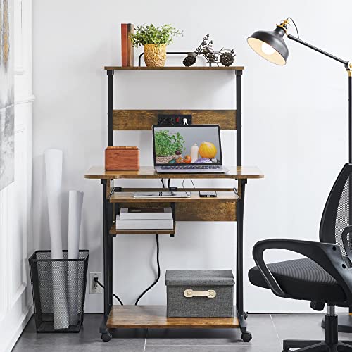 Yaheetech Small 3-Tier Rolling Computer Desk, Power Outlet, Rustic Brown | Engineered wood tiers and metal frame suit small spaces, holding a monitor, printer, and keyboard tray by a built-in outlet. - color: Rustic Brown