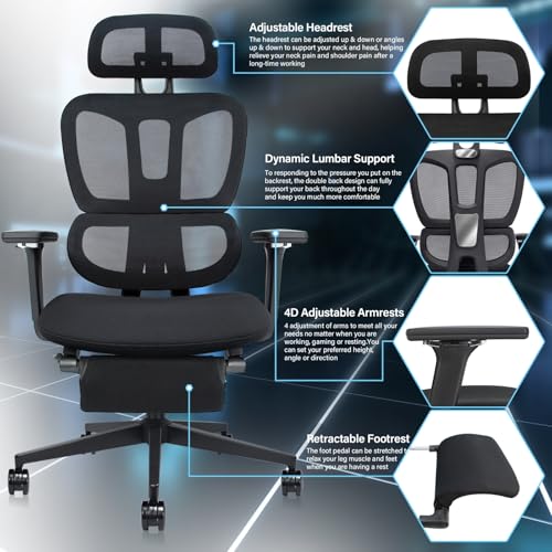 Ergonomic Mesh Office Chair with Retractable Footrest - High Back Computer Chair with Lumbar Support, Adjustable Armrests and Headrest - Adult Multifunctional Home Office Chair, Black - color: Black
