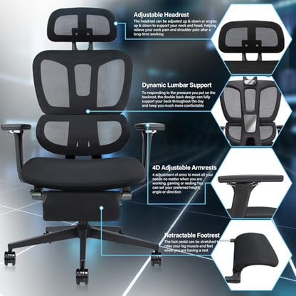 Ergonomic Mesh Office Chair with Retractable Footrest - High Back Computer Chair with Lumbar Support, Adjustable Armrests and Headrest - Adult Multifunctional Home Office Chair, Black - color: Black