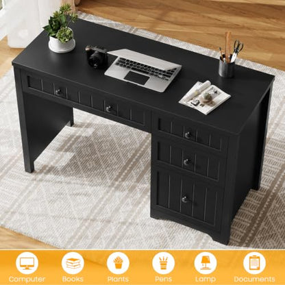 Vabches Farmhouse Executive Desk with 4 Drawers, Home Office Desk with File Drawer, Wood Computer Desk with Storage, Rustic Office Desk for Work Study Writing, Pure Black - color: Pure Black