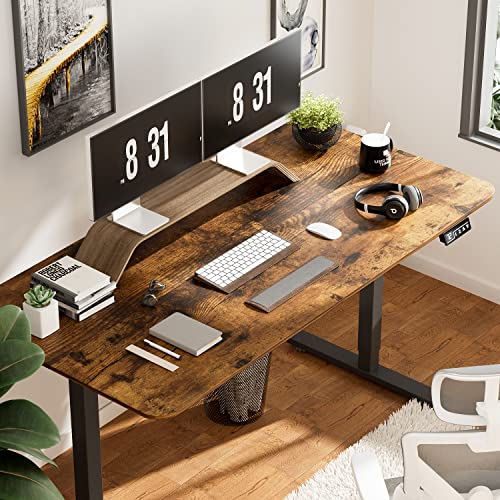 YESHOMY Height Adjustable Electric Standing Desk, 55 inch Computer Table, Home Office Workstation, Black Leg/Rustic Brown Top - color: Black Leg/Rustic Brown Top, size: 55in