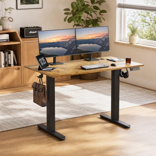Claiks Electric Height Adjustable Standing Desk, 55x24 Inch, Rustic Brown | Smooth Height Adjustment, 3 Memory Presets, Cable management hub & hook, Stable Steel Frame, 156 lbs Capacity, Easy Assembly - color: Rustic Brown, size: 55