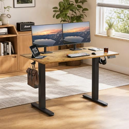 Claiks Electric Height Adjustable Standing Desk, 55x24 Inch, Rustic Brown | Smooth Height Adjustment, 3 Memory Presets, Cable management hub & hook, Stable Steel Frame, 156 lbs Capacity, Easy Assembly - color: Rustic Brown, size: 55