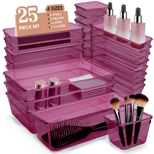 Kitchen Desk Drawer Organizers Storage for Office, Small Acrylic Vanity Trays Makeup for Drawer Bathroom Plastic Make up Organizers 25 Pcs Burgundy - color: Burgundy