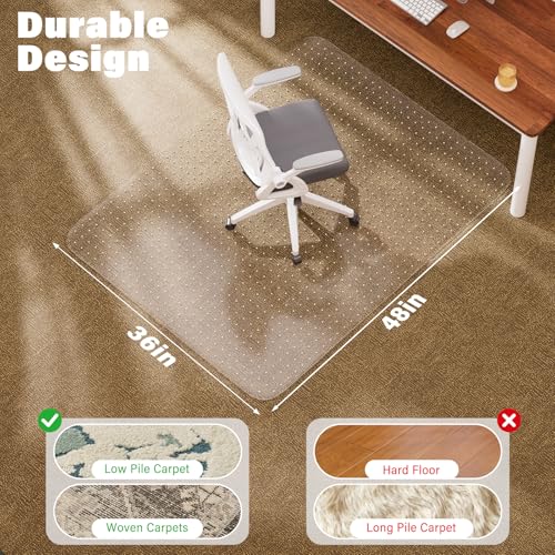 Office Chair Mat for Carpet, 36" x 48" Clear Desk Chair Mat with Lip, Heavy Duty Plastic Floor Protector for Low Pile Carpet, Smooth Easy Glide Under Desk for Office or Home