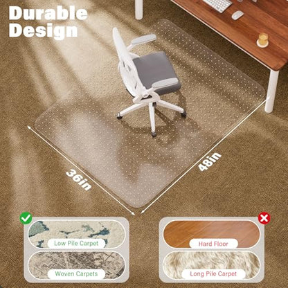 Office Chair Mat for Carpet, 36" x 48" Clear Desk Chair Mat with Lip, Heavy Duty Plastic Floor Protector for Low Pile Carpet, Smooth Easy Glide Under Desk for Office or Home