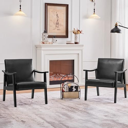 Yaheetech Accent Chairs Set of 2, Mid-Century Faux Leather Armchairs, Black - color: Black