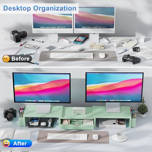 gianotter Dual Monitor Stand Riser With Drawer and 2 Pen Holders | Desk Organizer and Accessories Computer Monitor Stand, Desk Shelf for Top of Desk (Sage Green) - color: Sage Green