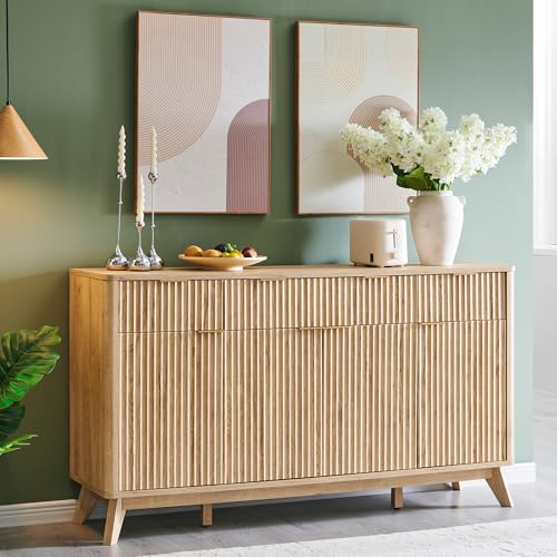T4TREAM 60 Inch Fluted Buffet Sideboard Cabinet, Natural Oak | Modern Coffee Bar Storage Cabinet With 3 Drawers, for Dining Room, Living Room, Hallway, Oak Wood Grain, Adjustable shelves - color: Natural Oak