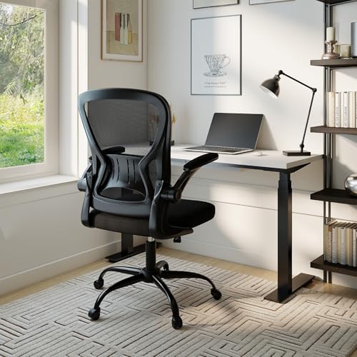 Youhauchair Adjustable Mesh Ergonomic Office Chair with Wheels, Black | Flip-up Arms, Lumbar Support, Home Desk Chair, Height Adjustable, Breathable, Mid Back Swivel Compurter Chair, Set of 1 - color: Black, style: Without Headrest