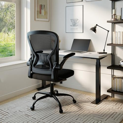 Youhauchair Adjustable Mesh Ergonomic Office Chair with Wheels, Black | Flip-up Arms, Lumbar Support, Home Desk Chair, Height Adjustable, Breathable, Mid Back Swivel Compurter Chair, Set of 1 - color: Black, style: Without Headrest