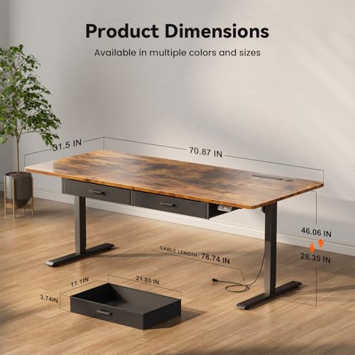 HLDIRECT 71" Electric Standing Desk with Outlets & 2 Drawers, Rustic Brown | 31.5" Extra Wide Desktop Up to 176lb, 28"–46" Height Range & 3 Memory Presets, Integrated Cable Management, Quick Assembly - color: Rustic Brown, size: 71 inch